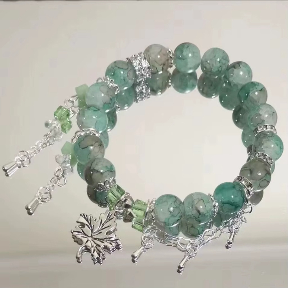 Green Beaded Maple Leaf Charm Bracelet - Stretchy NWT